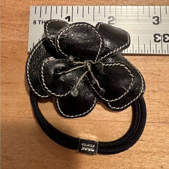 Colette Malouf Leather Cutout Flower bendable beaded hair band bow NWOT neutral